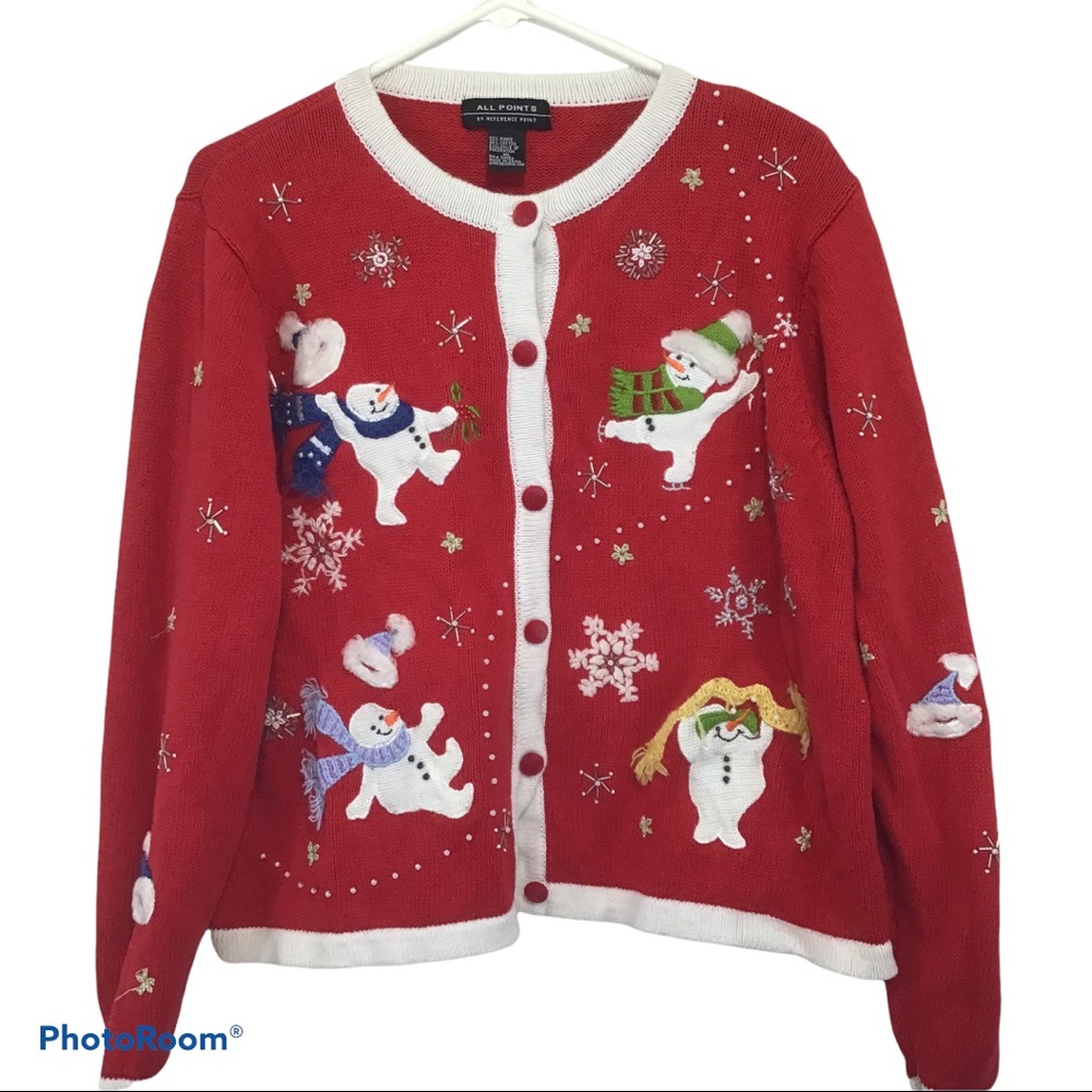 Holiday Winter Snowman Snowflake Embroidered Pearl‎ Beaded Red Cardigan XLarge